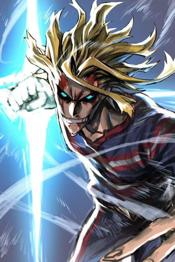 All Might from My Hero Academia delivers a powerful punch with vibrant energy motion background Wallpaper