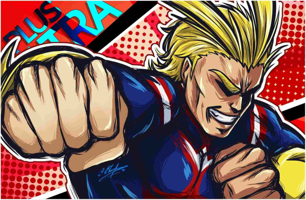 All Might punching with dynamic energy vibrant comic colors My Hero Academia wallpaper background