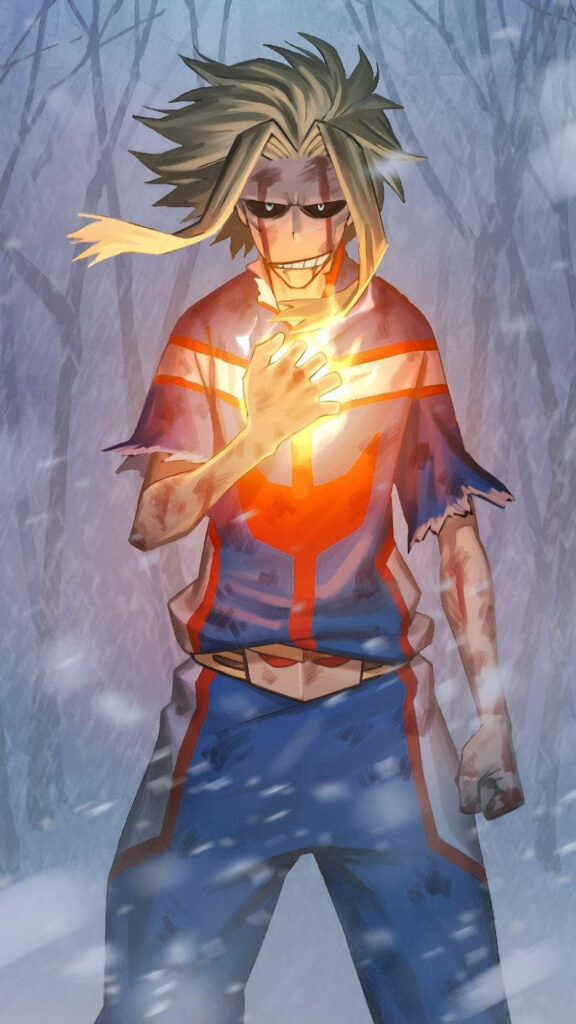 All Might from My Hero Academia glowing hand snowy forest wallpaper showcasing power and determination
