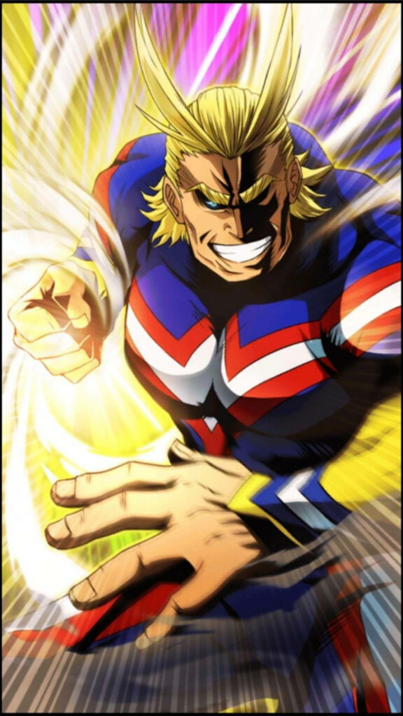 All Might hero pose iPhone wallpaper vibrant colors My Hero Academia strength and determination