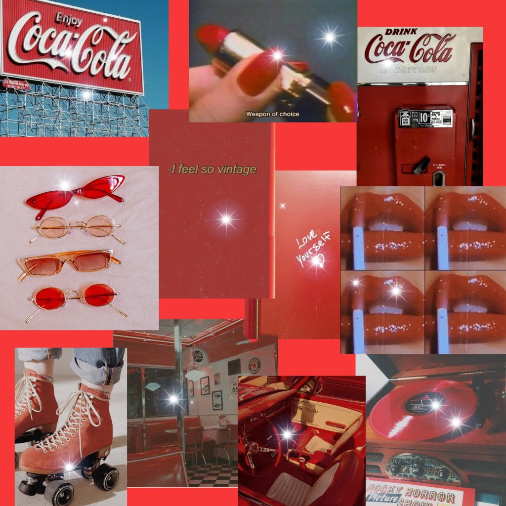 Vintage pastel red collage 4K wallpaper with retro Coca-Cola roller skates diner lips sunglasses