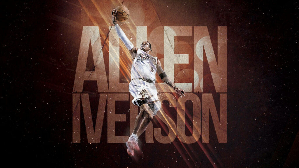 Allen Iverson basketball wallpaper dynamic shot soaring action name bold background design