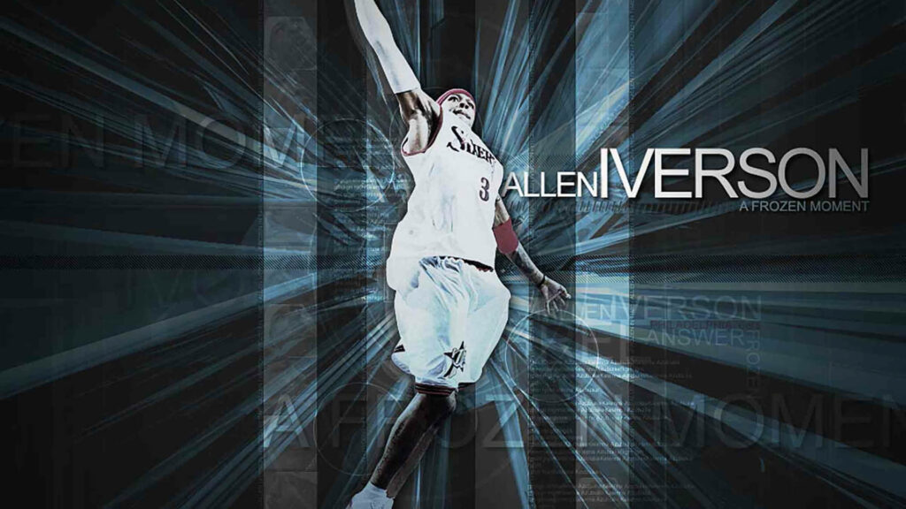 Allen Iverson dynamic action wallpaper with blue black abstract background showcasing athleticism