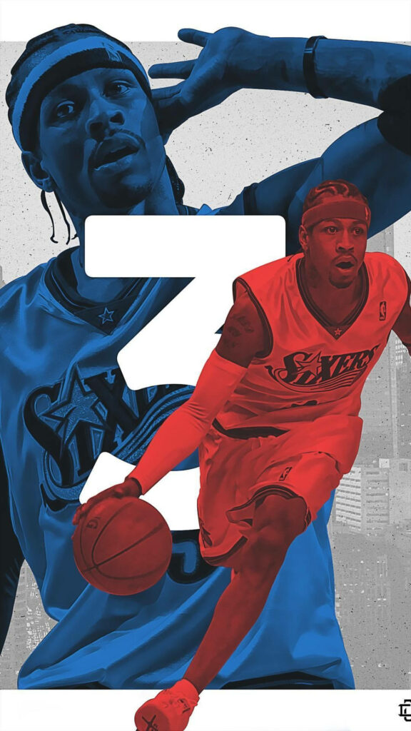 Allen Iverson basketball wallpaper dynamic blue red tones action and confident legendary pose background