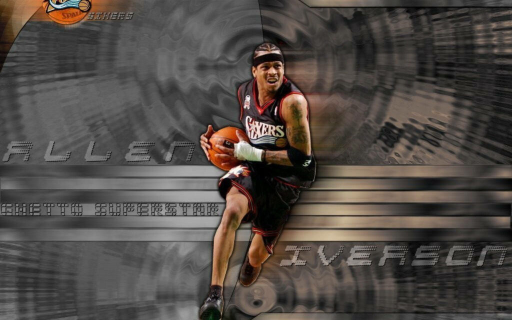 Allen Iverson dribbling basketball in action energetic dynamic gray abstract sports wallpaper background