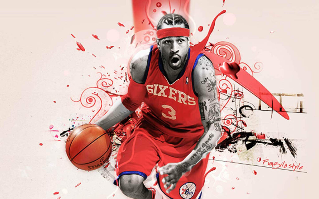 Allen Iverson dribbling basketball dynamic motion red abstract background Philadelphia 76ers Wallpaper