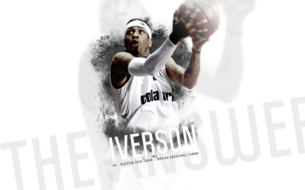 Allen Iverson basketball action dynamic white graphic backdrop intense signature style wallpaper