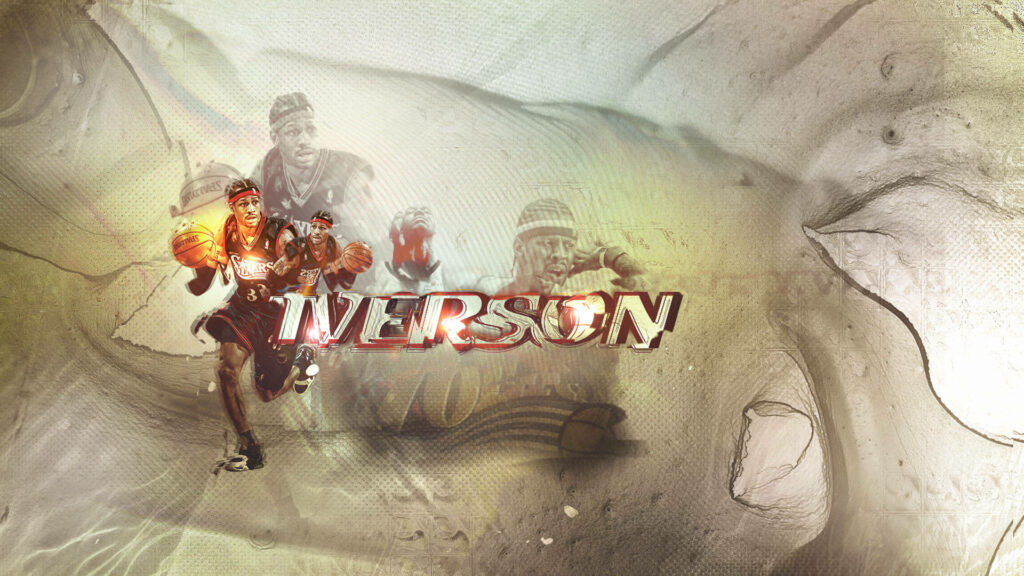 Allen Iverson intense basketball dribble with dynamic career highlights textured wallpaper background