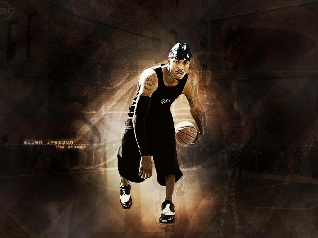 Allen Iverson mid-dribble in black outfit showcasing iconic basketball style and intensity wallpaper
