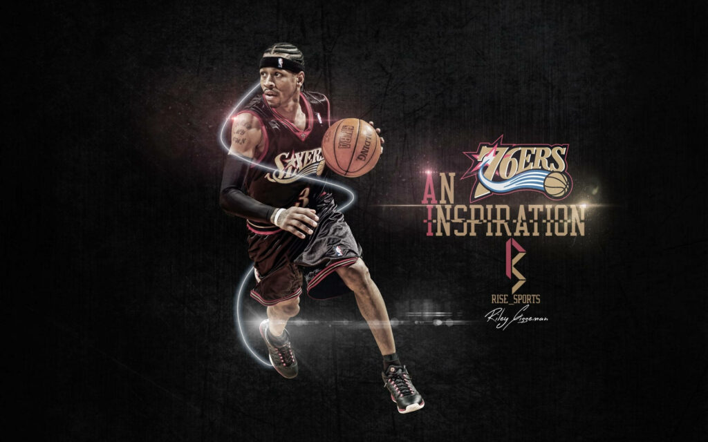 Allen Iverson dribbling with vibrant line art and Philadelphia 76ers logo basketball wallpaper