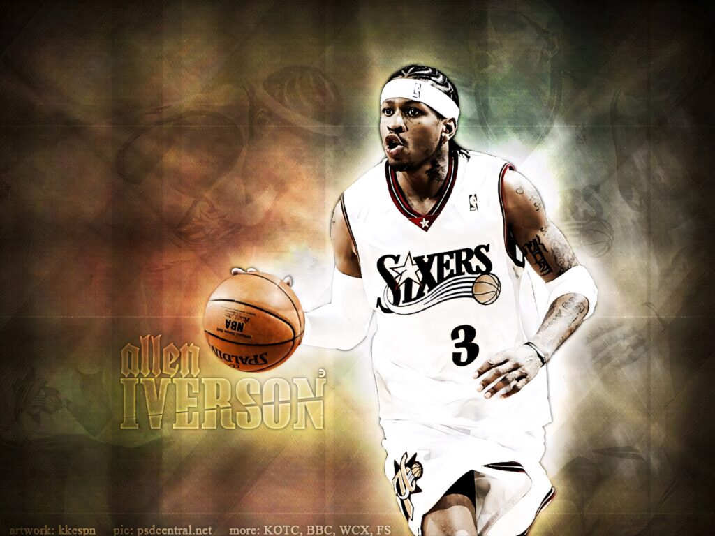 Allen Iverson dribbling basketball in Philadelphia 76ers jersey dynamic sports wallpaper background