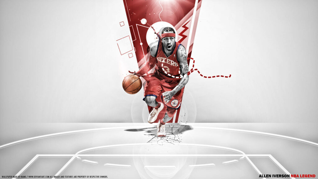 Allen Iverson dynamic action red Sixers jersey basketball legend modern abstract background Wallpaper