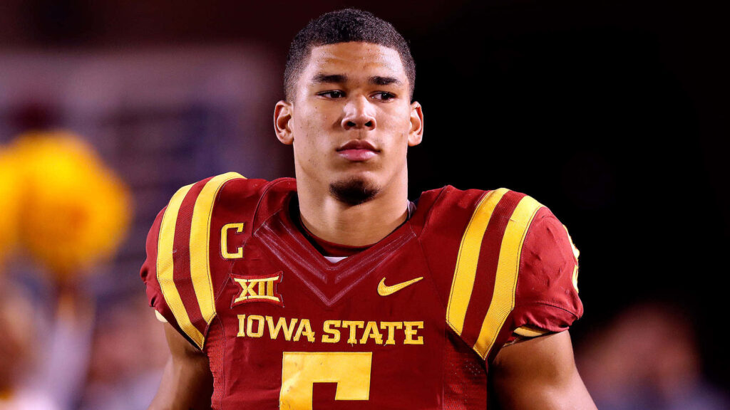 Allen Lazard in Iowa State football uniform with captain patch red and yellow wallpaper background