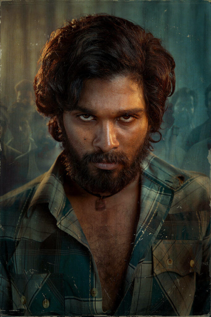 Allu Arjun Pushpa action star wallpaper rugged look fierce expression dynamic presence