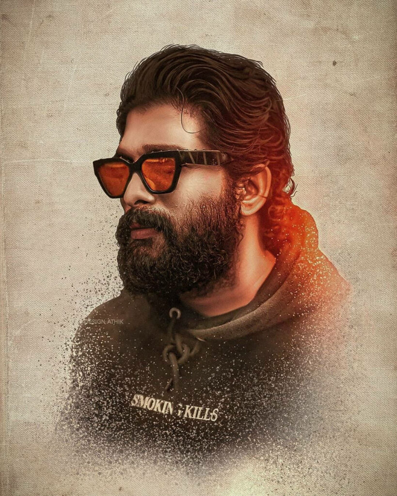 Allu Arjun as Pushpa digital art wallpaper rugged look sunglasses thick beard intense expression