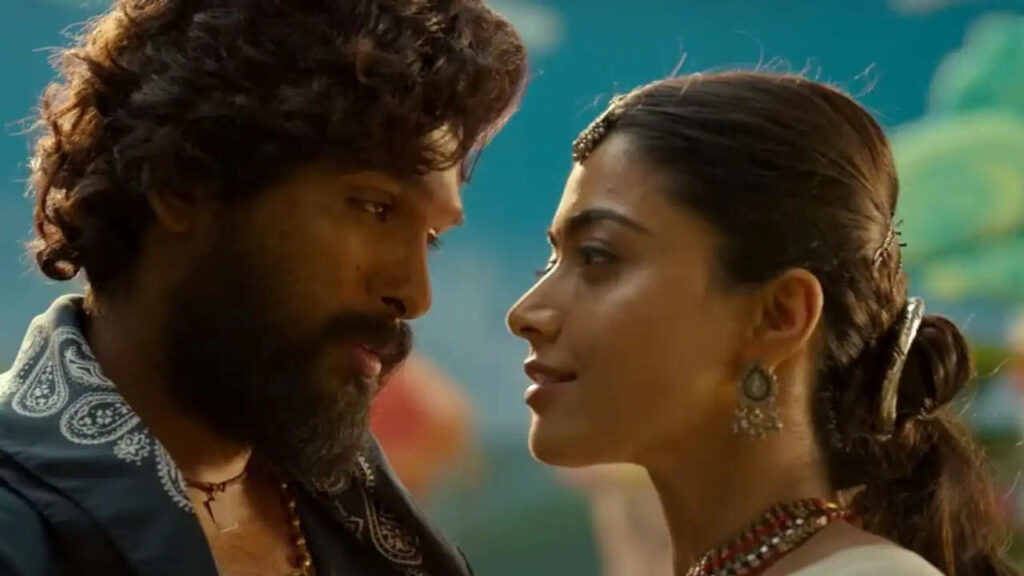 Allu Arjun and Rashmika Mandanna as Puspa and Hangama in a romantic vibrant movie wallpaper background