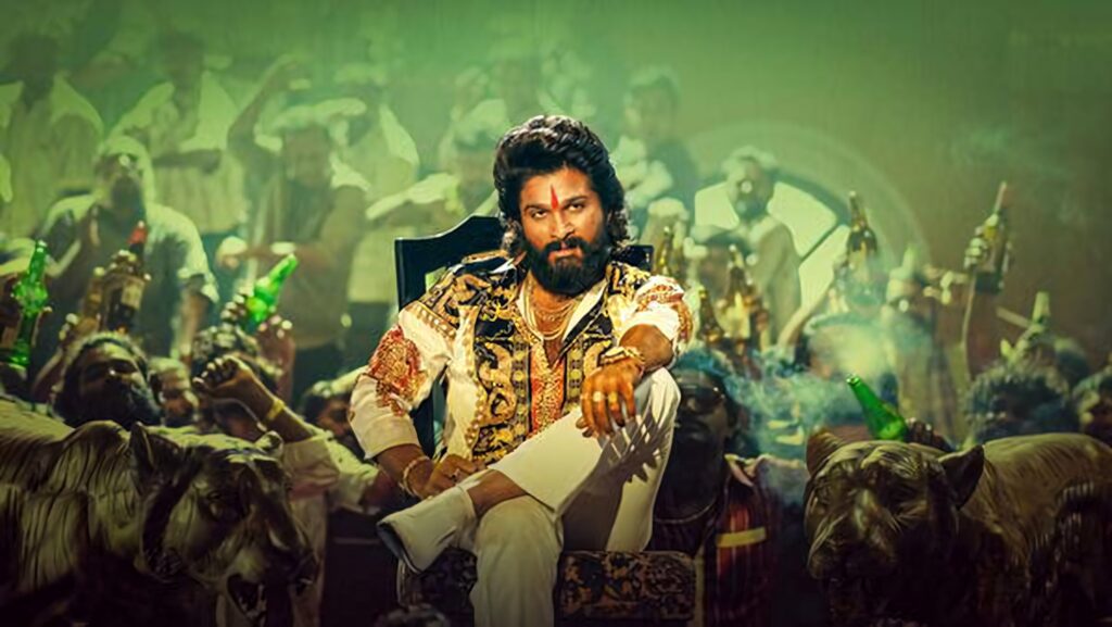 Allu Arjun in regal attire on throne with tigers and energetic crowd Pushpa movie scene wallpaper