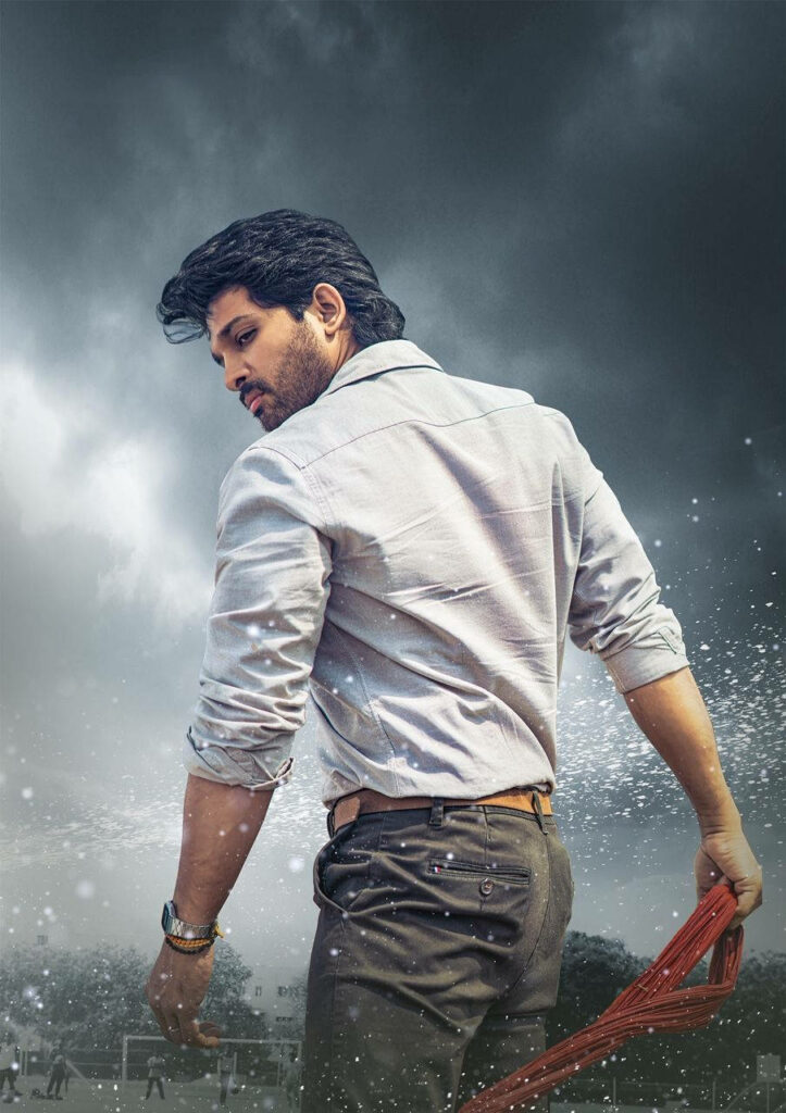 Allu Arjun confident pose stormy sky intense dynamic splash wallpaper background image