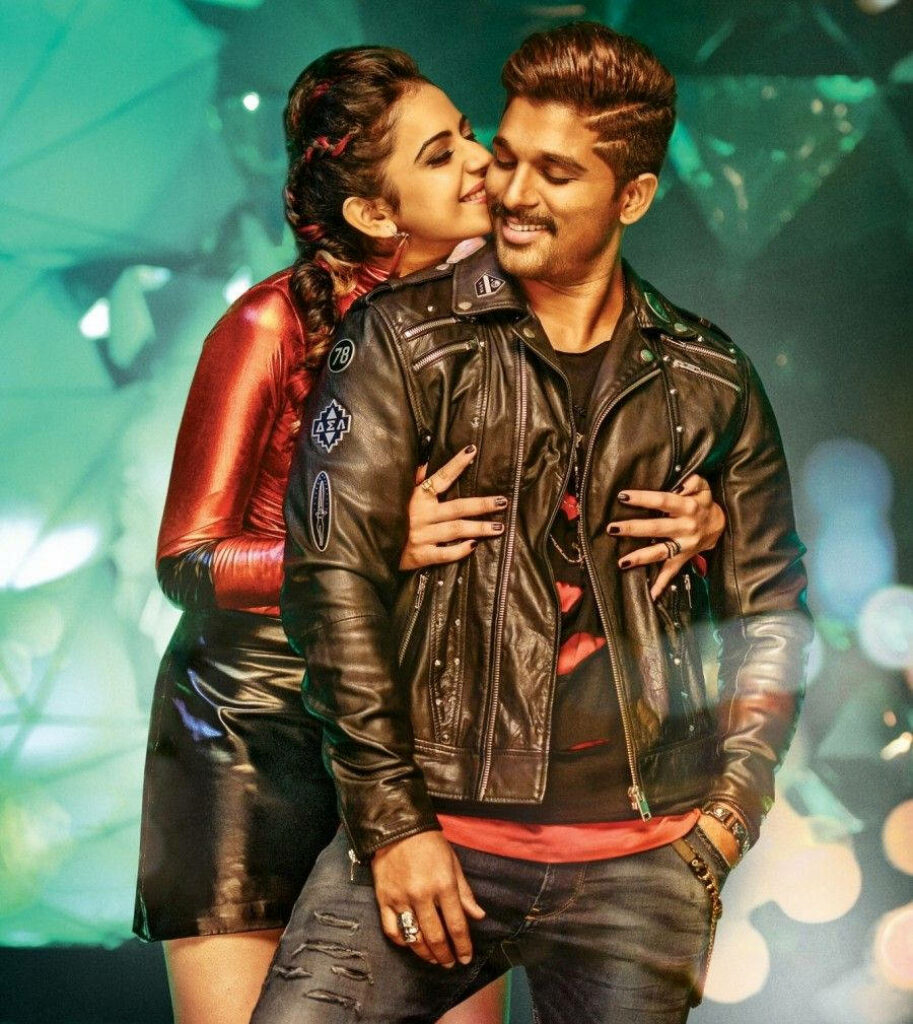 Allu Arjun smiling joyfully with Rakul Preet Singh hugging him in stylish outfits vibrant wallpaper