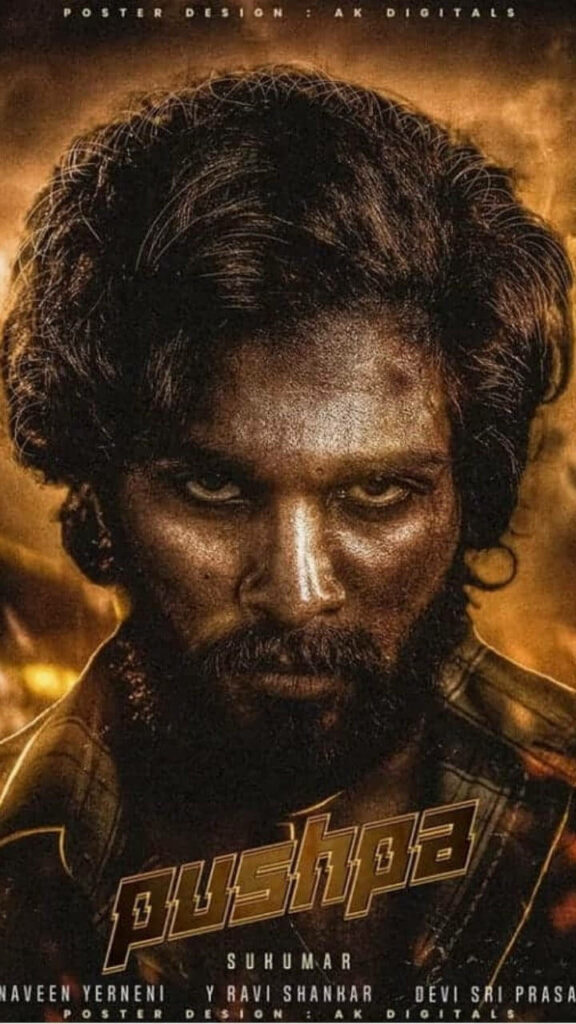 Allu Arjun as Pushpa Raj intense rugged look in Pushpa movie striking film poster wallpaper