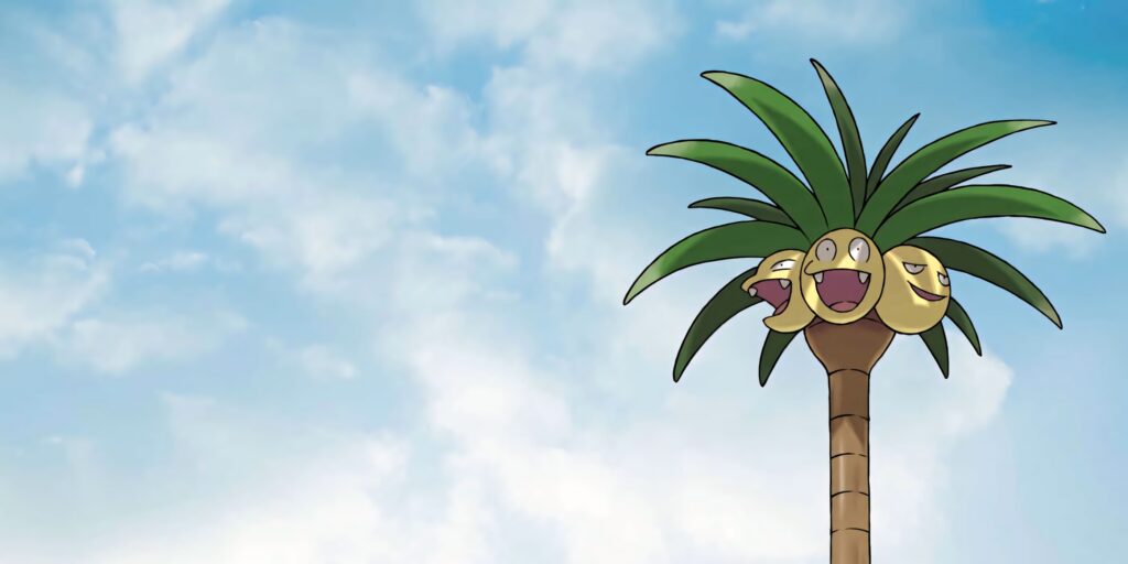 Alolan Exeggutor with long neck and palm leaves against soft blue sky anime wallpaper background