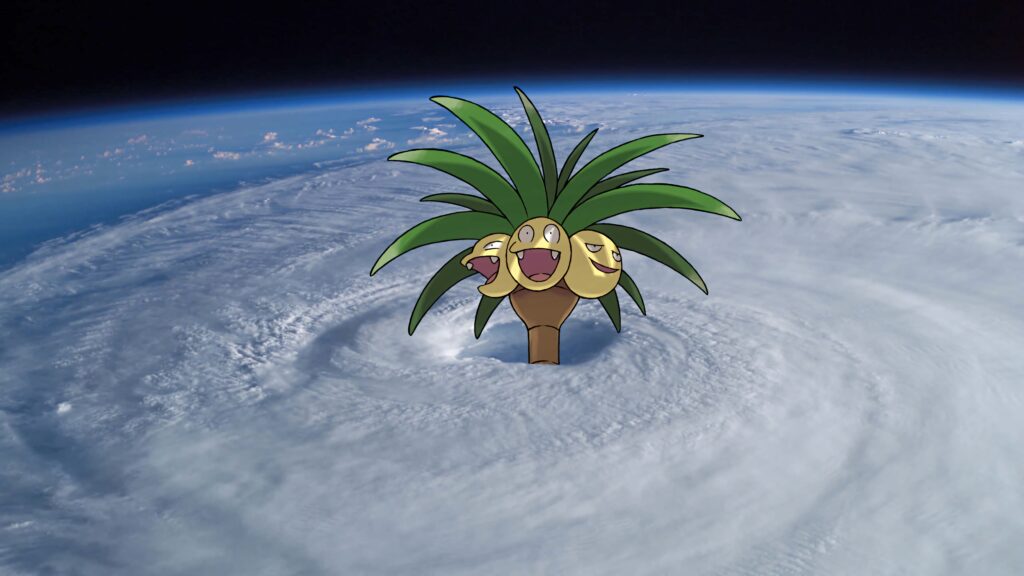Alolan Exeggutor amid massive cyclone clouds vibrant Pokémon wallpaper background fusion