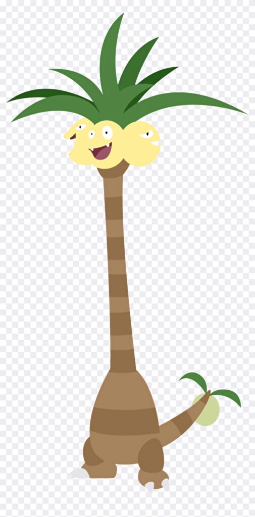 Minimalist Alolan Exeggutor wallpaper with tall striped neck multiple faces and palm leaves transparent background