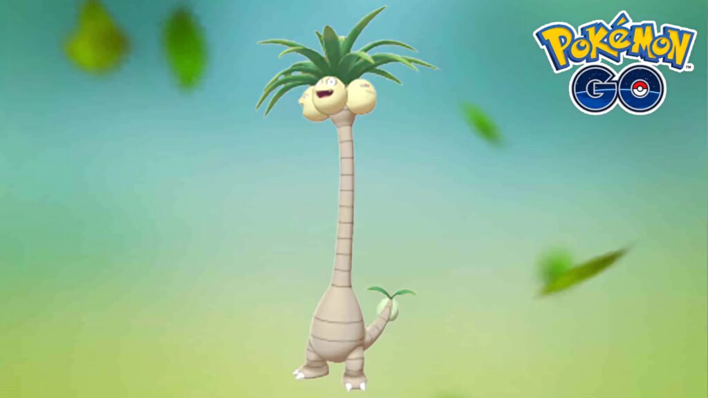 Alolan Exeggutor with vibrant leaves on gradient background Pokemon GO tropical wallpaper design