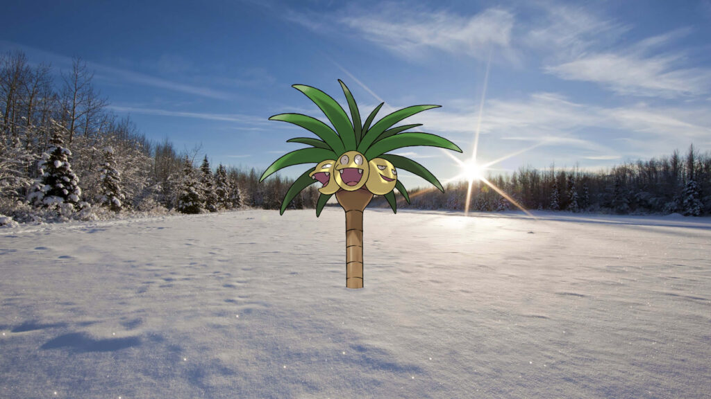 Alolan Exeggutor in snowy landscape digital art vibrant tropical palm tree blue sky wallpaper