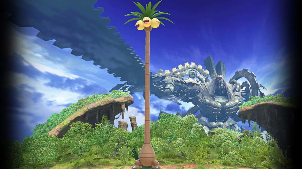 Alolan Exeggutor towering over lush green terrain with Mechonis mechanical landscape background Wallpaper