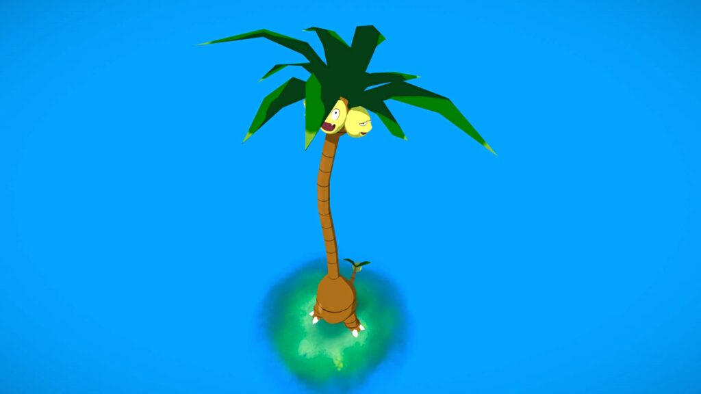 Alolan Exeggutor with tall neck and palm leaves on green patch bright blue tropical cartoon wallpaper