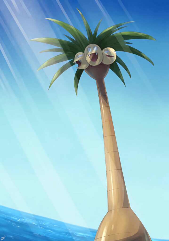 Alolan Exeggutor under bright rays blue sky ocean tropical vibrant digital art wallpaper background
