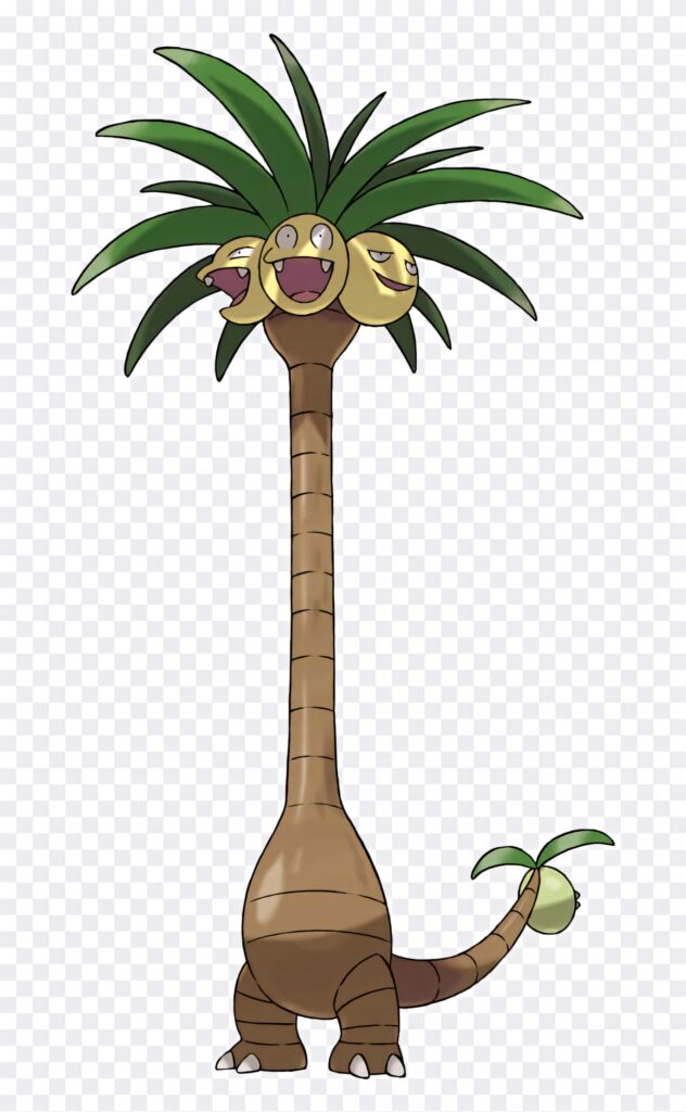 Alolan Exeggutor with long neck vibrant leaves and expressive faces digital art wallpaper PNG background