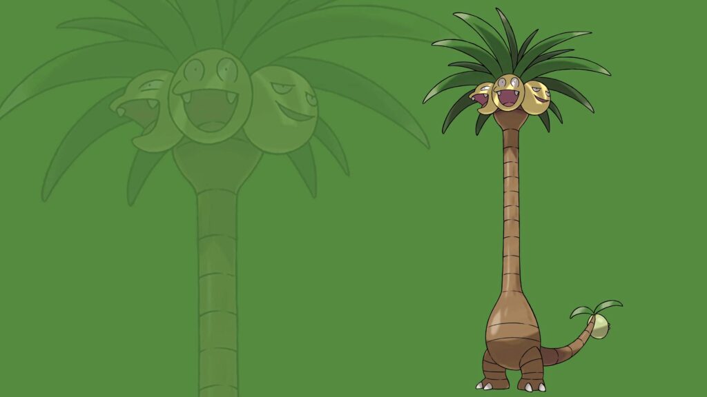 Alolan Exeggutor wallpaper with tall tropical palm design on vibrant green minimalist background