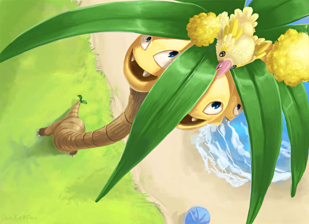 Alolan Exeggutor towering on sunny tropical beach with cheerful bird on leafy head wallpaper