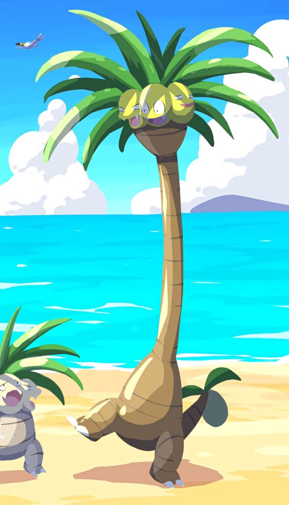 Alolan and regular Exeggutor relaxing on sunny beach with vibrant tropical sea and clear sky cartoon Wallpaper