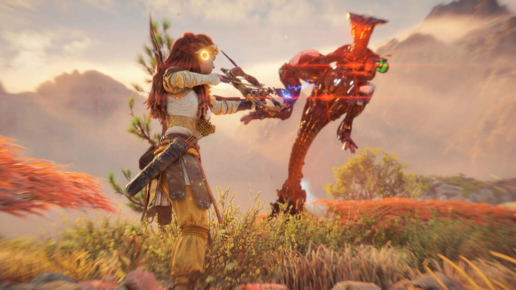 Aloy aiming bow at fierce machine in Horizon Forbidden West vibrant natural landscape wallpaper