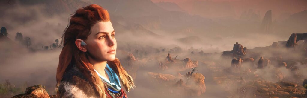 Aloy overlooking misty sunrise landscape Horizon Forbidden West ultrawide wallpaper background