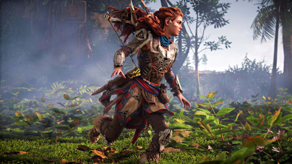 Aloy racing through lush overgrown landscape in detailed armor from Horizon Forbidden West wallpaper