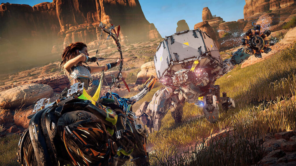 Aloy riding horse in sunlit desert canyon aiming bow at towering machine adventure wallpaper