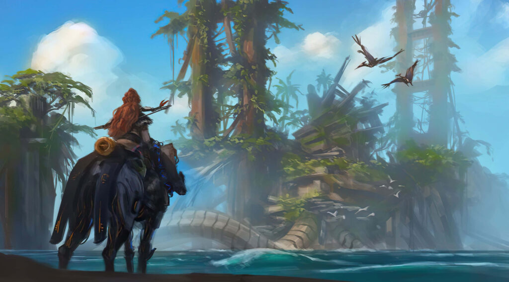 Aloy rides through lush forbidden land with towering ruins and mechanical remnants wallpaper background