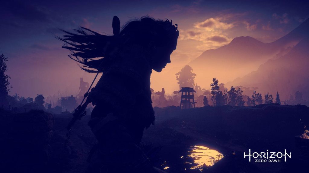 Aloy silhouette wallpaper at sunset in lush post-apocalyptic Horizon Zero Dawn landscape