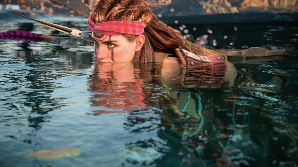 Aloy swimming determined underwater holding sword preparing for adventure wallpaper background