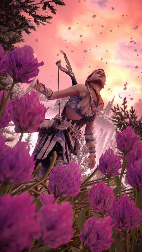 Aloy in vibrant purple flower field sunset lush greenery wallpaper background scenery