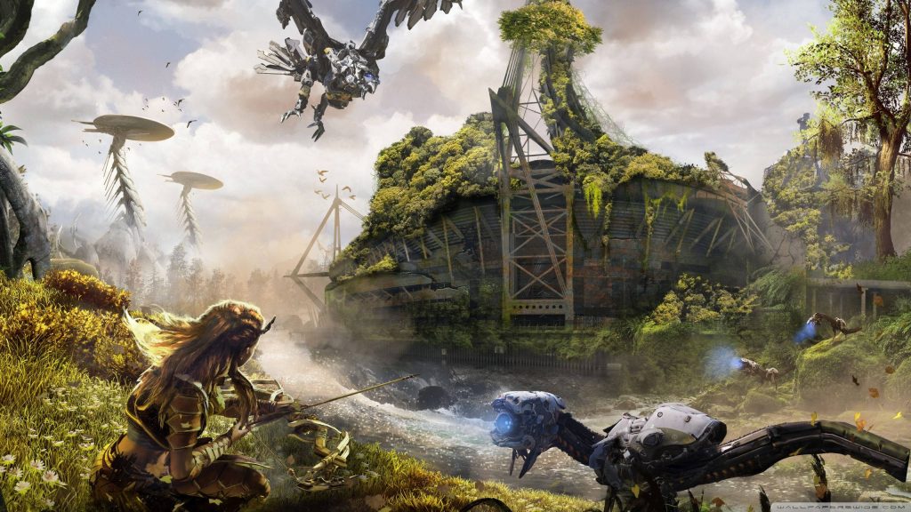 Aloy aiming her bow at a mechanical Watcher amid lush overgrown stadium ruins in Horizon Zero Dawn Wallpaper