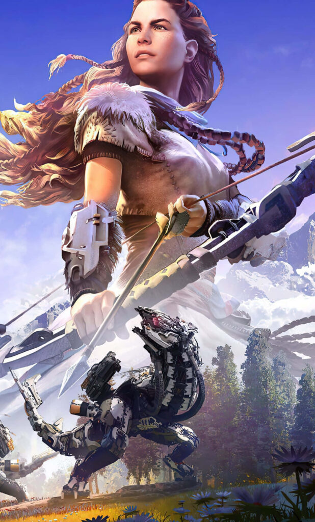 Aloy with bow ready in front of majestic mountain facing mechanized creatures wallpaper background