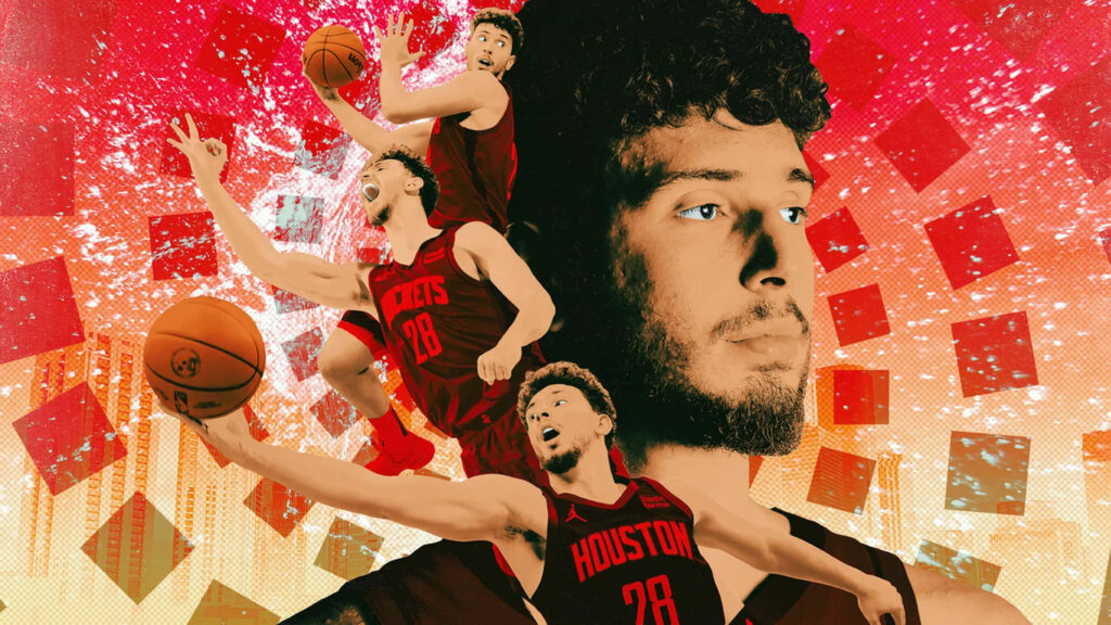 Dynamic collage wallpaper of Alperen Şengün Houston Rockets showcasing basketball skills vibrant background