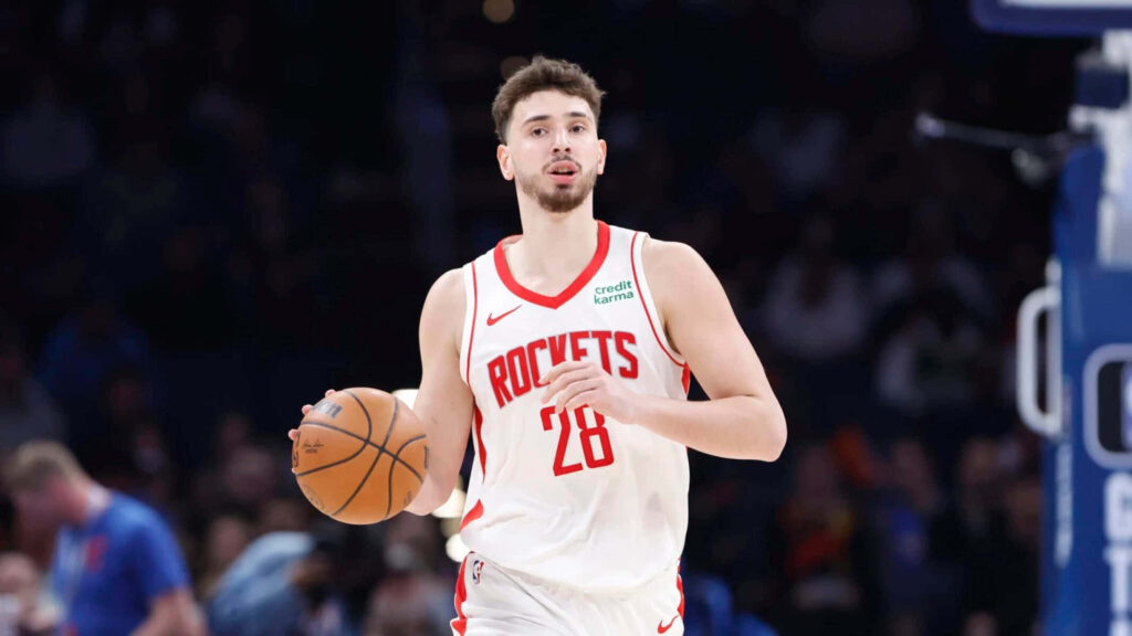 Alperen Şengün Houston Rockets dribbling focused during basketball game action wallpaper