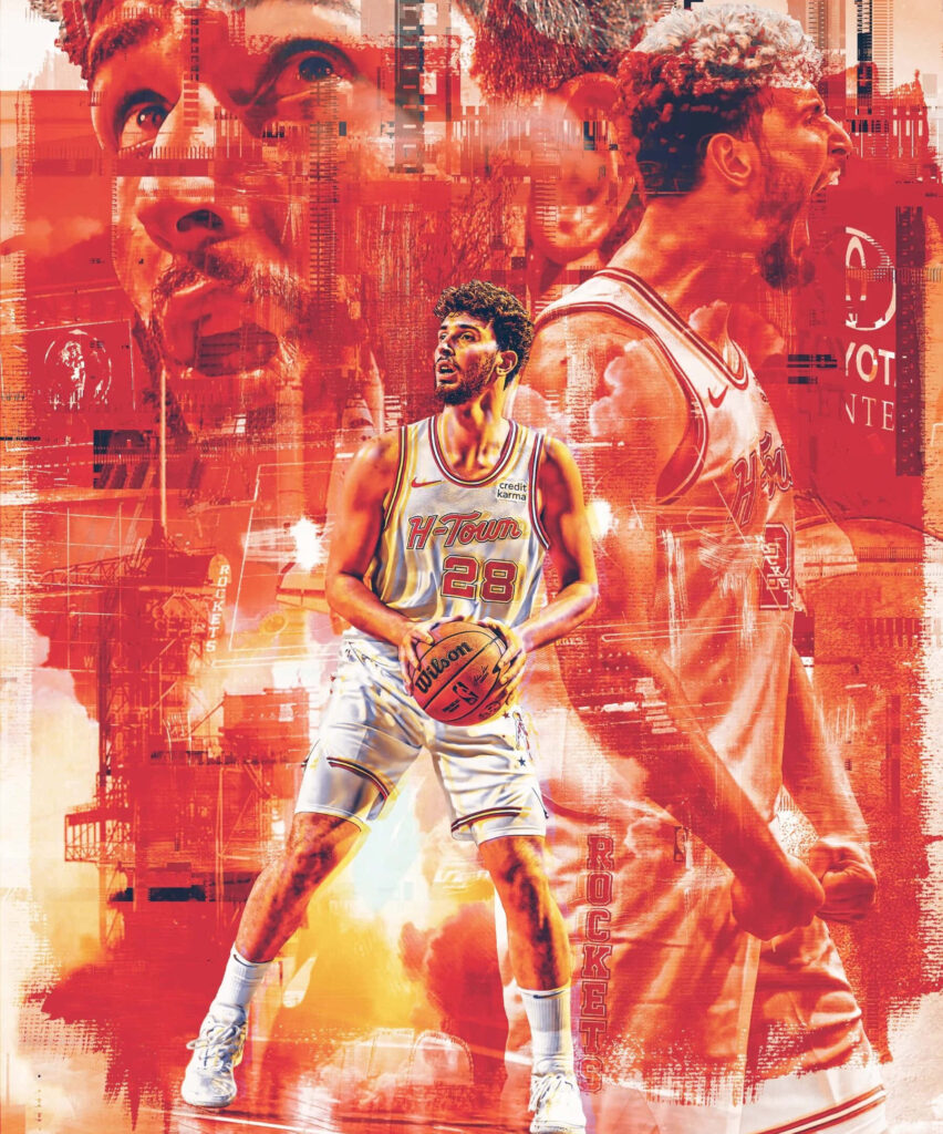 Alperen Şengün Houston Rockets dynamic wallpaper red tones cityscape basketball energy background