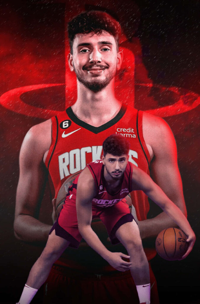 Alperen Şengün Houston Rockets dynamic wallpaper bold red background rising basketball star energy